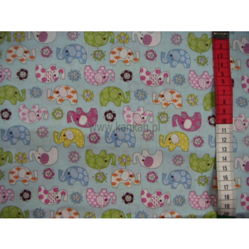 Tkanina bawełniana -kolorowe słoniki na niebieskim tle - 1011