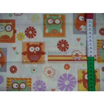 Tkanina bawełniana - pomarańczowe sowy w kwadratach - 1002