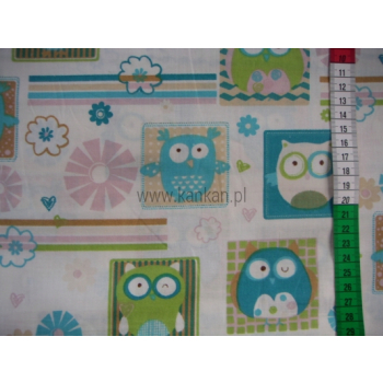 Tkanina bawełniana - turkusowe sowy w kwadratach - 1004