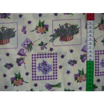 Tkanina bawełniana - lawenda w koszyku na kremie - 1015
