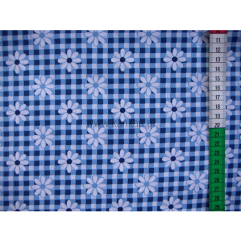 Tkanina bawełniana - stokrotki na niebieskiej kratce - 1018